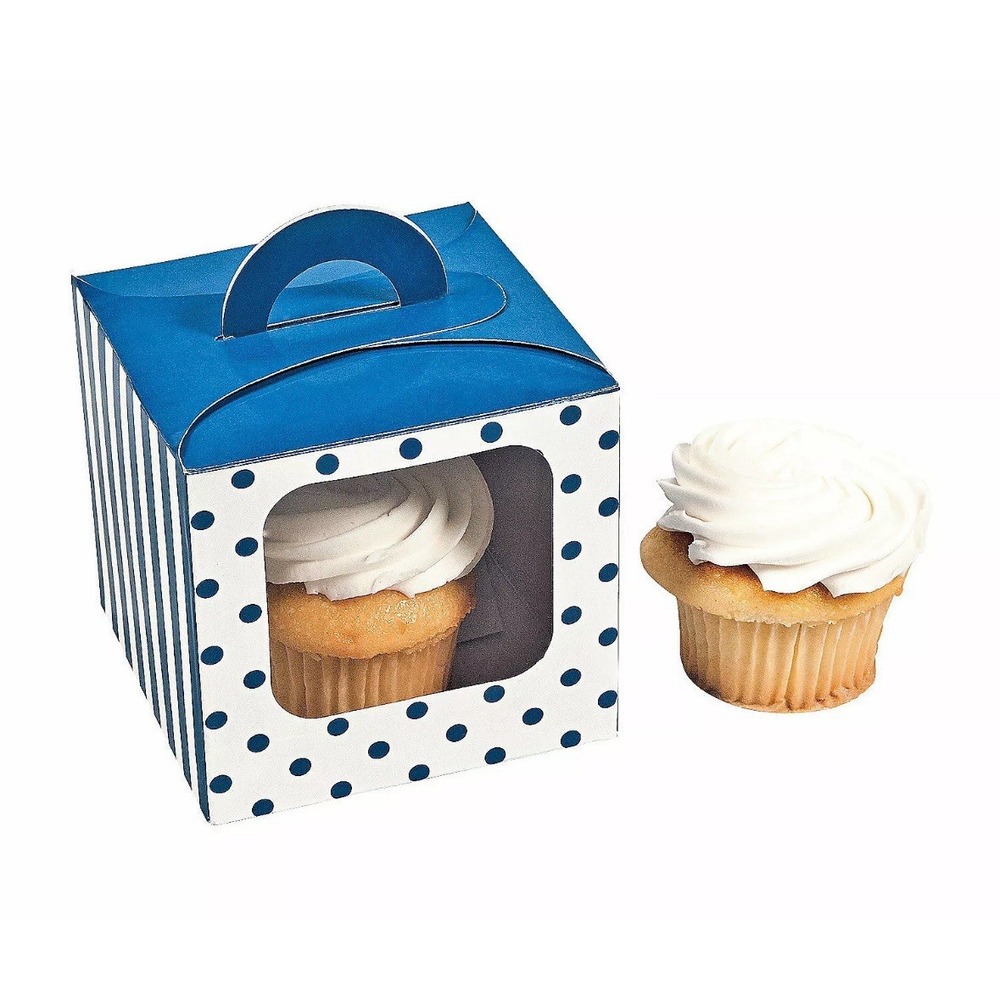 Blue Polka Dot Cupcake Boxes With‎ Handle, Party Supplies, 12 Pieces